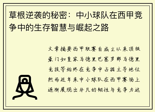草根逆袭的秘密：中小球队在西甲竞争中的生存智慧与崛起之路
