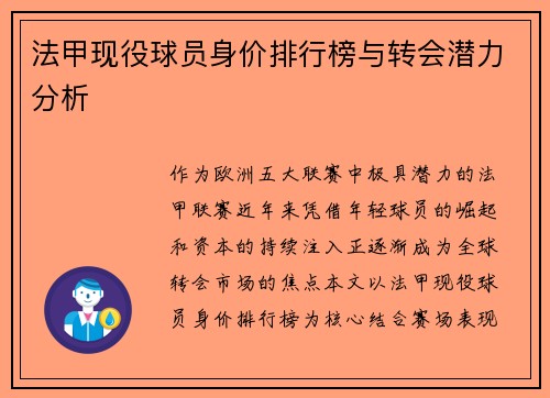 法甲现役球员身价排行榜与转会潜力分析