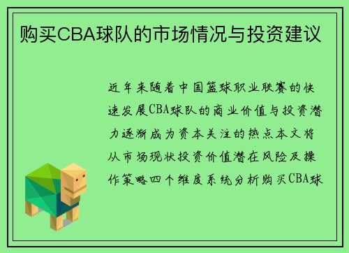 购买CBA球队的市场情况与投资建议