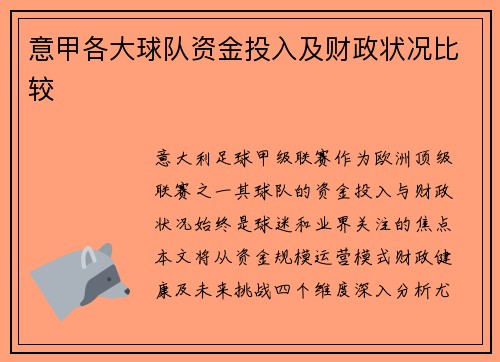 意甲各大球队资金投入及财政状况比较