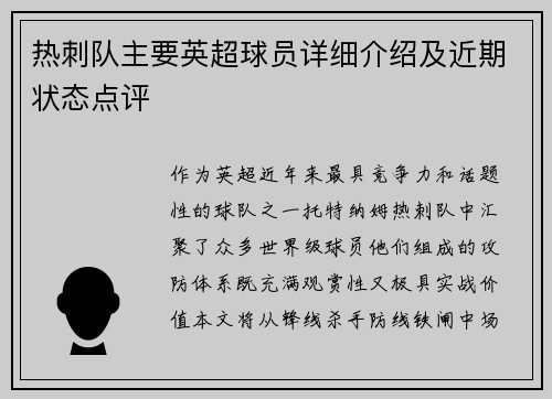 热刺队主要英超球员详细介绍及近期状态点评