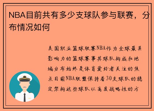 NBA目前共有多少支球队参与联赛，分布情况如何